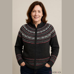 Women's Tiara International Charcoal Gray & Red Christmas Cardigan L